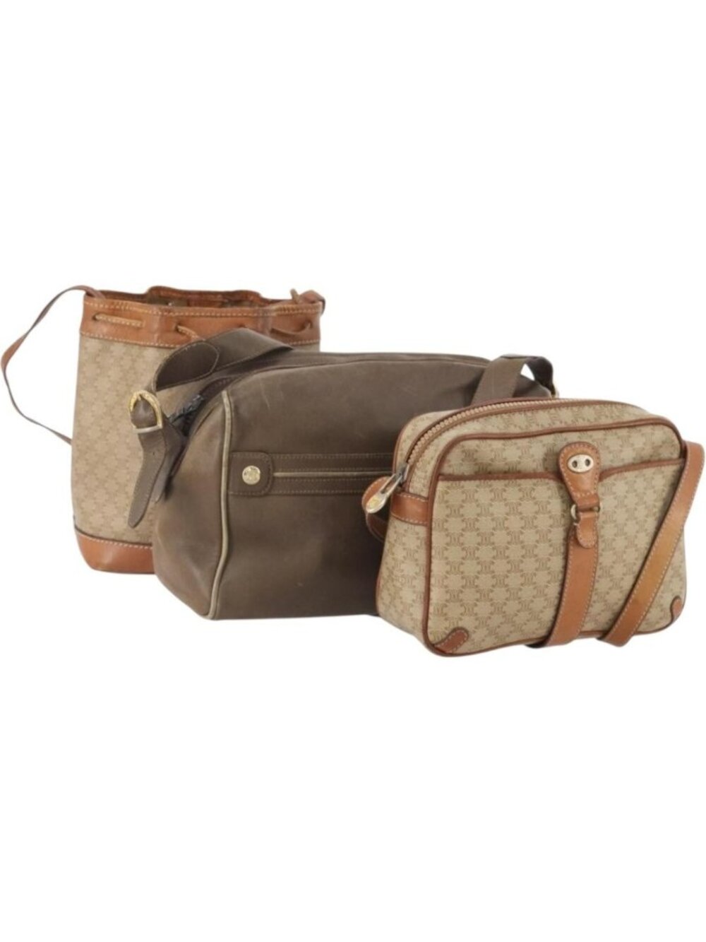 CELINE Macadam Canvas Clutch Bag PVC Leather 3 Set Brown Beige